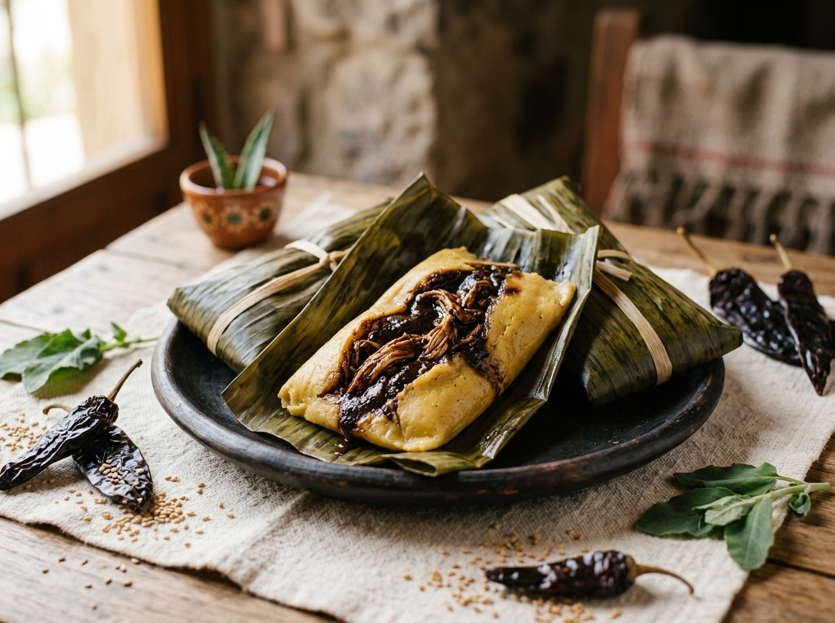 Tamales de mole negro en hoja de plátano
